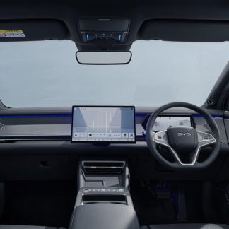 Interior view of BYD vehicle with advanced dashboard and infotainment system.